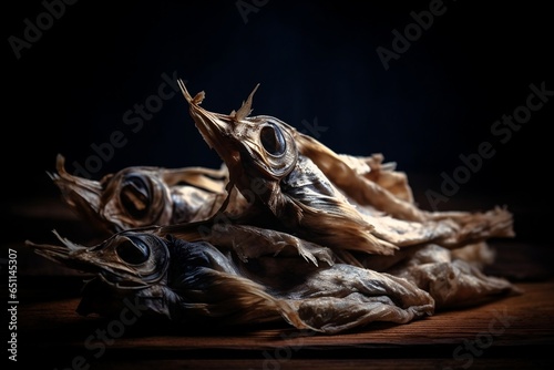 dried fish stockfish dark background, copy space, generative ai