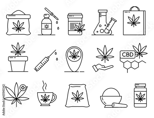 Medical marijuana. Cannabis related line icon set. Cannabidiol linear icons. Marijuanas outline vector signs and symbols. Vector illustration EPS10