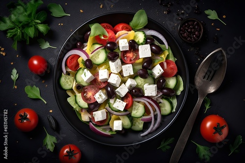 Greek salad with feta cheese olives cherry tomatoes. Top view. Generative ai.