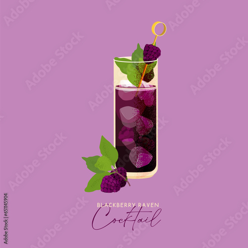 Blackberry rum raven cocktail. Fall Halloween Alcoholic drink with ice, lemon juice and blackberries. Autumn beverage vector illustration