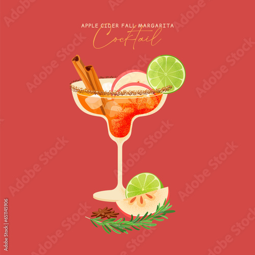 Apple cider fall margarita cocktail with spices and fruit vector. Classic beverage in glass cup with apple, lime, cinnamon sticks and star anise. Autumn Alcoholic Drink