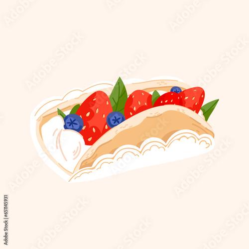 Cute cream bun with strawberry, mint and berry vector. Japan Asian food illustration isolated on white background