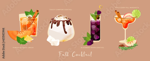 Fall alcohol cocktails vector set. Autumn four drink beverage glass with apple, pumpkin, blackberry, lime, bourbon, vodka, rum, marshmallow, spice, whiskey, cinnamon. Everything you need for party