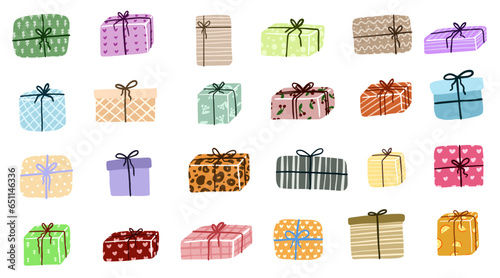 Gift box cartoon set icon. Christmas gifts, New Year presents. Holiday presents wrapped in festive paper wrapping, decorated with ribbon bows, strings and twines.