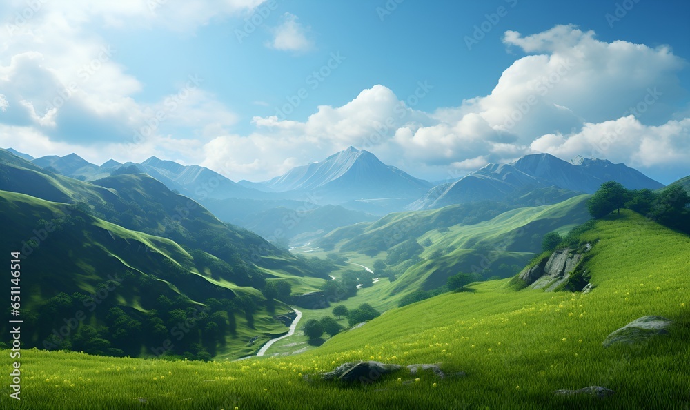 beautiful views of green hills, generative ai