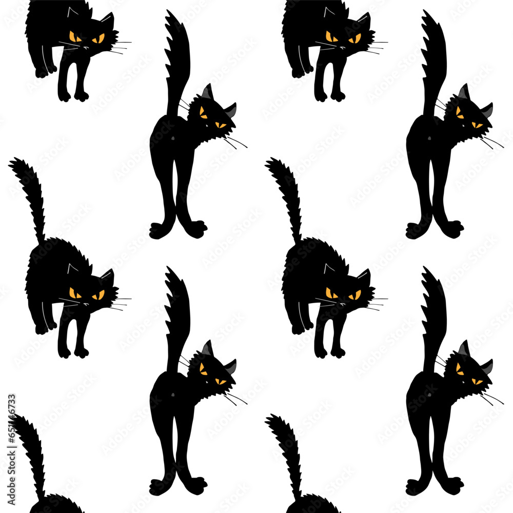 Black cats silhouettes. Seamless pattern on transparent background. Halloween illustration, vector.