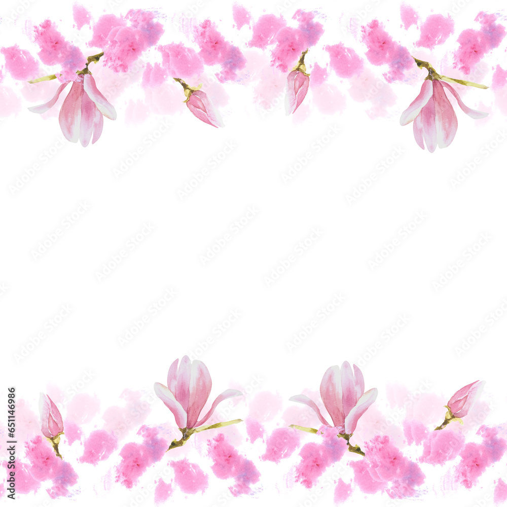 Floral seamless banner, frame. Watercolor pink magnolias flowers, buds, Hand painted on white background isolated illustration with pink stains Design for wedding invitations, greeting cards, postcard