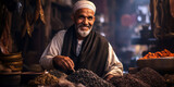 an Egyptian man draped in a black robe offers aromatic spices, the souks of Cairo