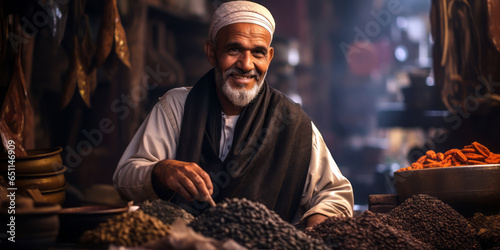 an Egyptian man draped in a black robe offers aromatic spices, the souks of Cairo