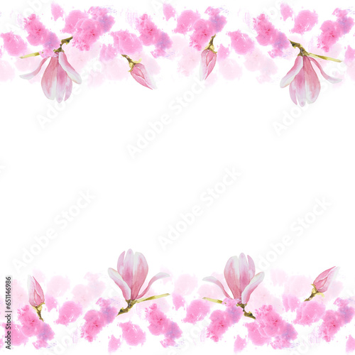 Floral seamless banner, frame. Watercolor pink magnolias flowers, buds, Hand painted on white background isolated illustration with pink stains Design for wedding invitations, greeting cards, postcard
