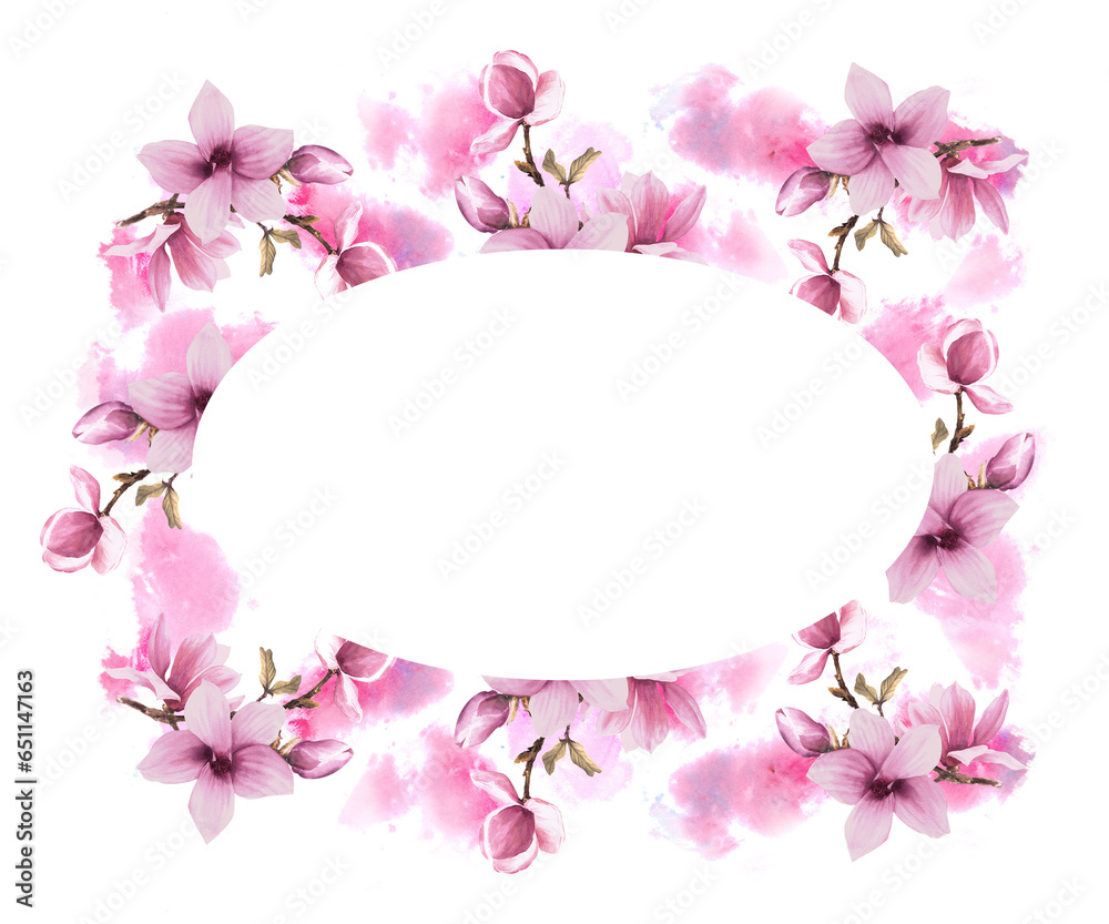 Floral frame with watercolor pink magnolias bough flowers and buds. Hand painted illustration on white background with pink watercolor stains. Design for wedding invitations and greeting cards