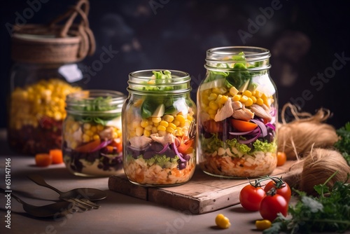 Salad meal prep in a jar vegetables. Vegan dish. Recipe menu, generative ai