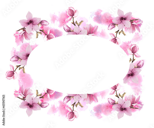 Floral frame with watercolor pink magnolias bough flowers and buds. Hand painted illustration on white background with pink watercolor stains. Design for wedding invitations and greeting cards