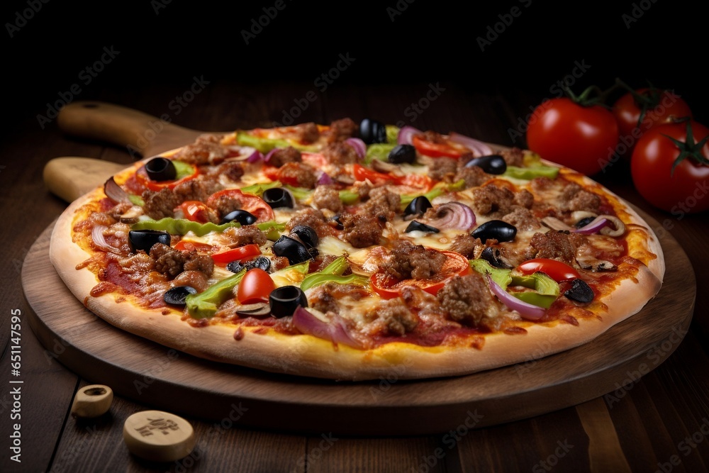 Tasty supreme pizza with olives peppers. Generative AI.