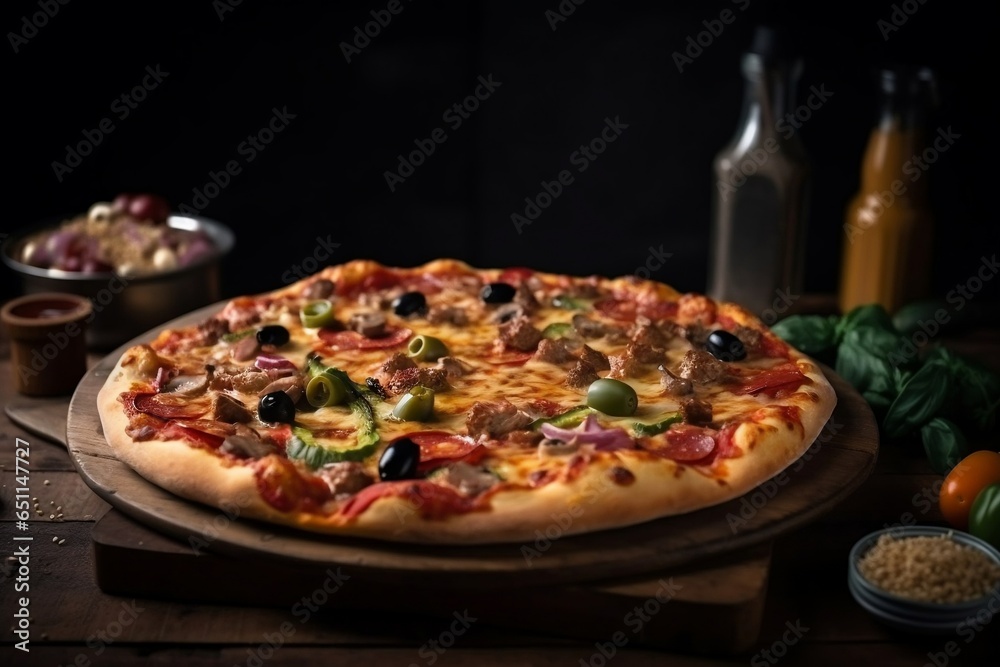 Tasty supreme pizza with olives peppers. Generative AI. Tasty supreme pizza with olives peppers. Generative AI.