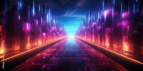 Portal of beautiful neon lights with glowing purple and blue lines in a tunnel