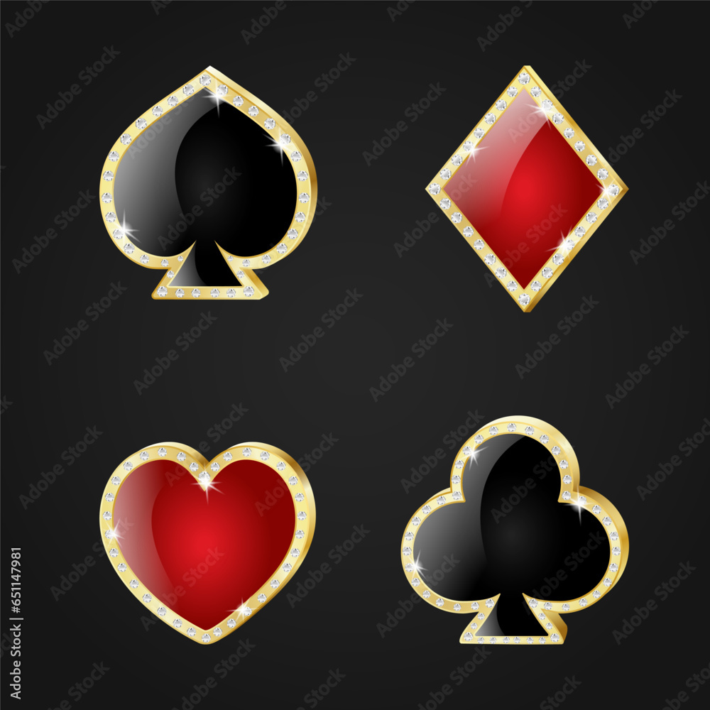 Card suits in gold frame: Hearts, spades, diamonds, clubs. Isolated, decorated with vector diamonds on a black background. Vector illustration Card suits in gold frame: Hearts, spades, diamonds, clubs. Isolated, decorated with vector diamonds on a black background. Vector illustration