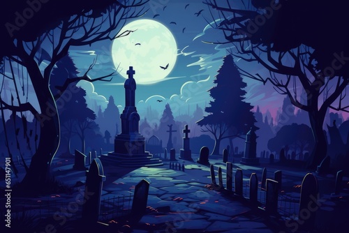 Cartoon drawing Halloween holiday, cemetery at night and the moon.