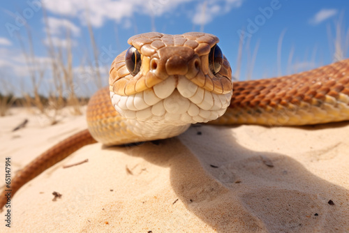 Brown snake on sandy ground. Close-up sand viper in the desert with white sand and blue sky. Generative AI photo