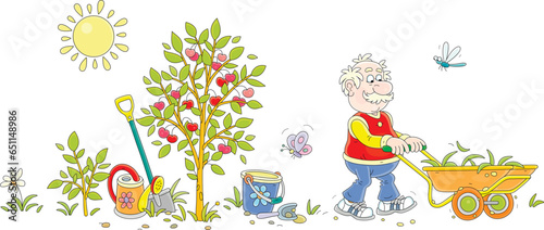 Funny elderly villager with his cart in a garden out of town, vector cartoon illustration on a white background