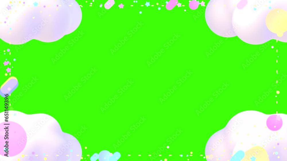 Looped cartoon clouds frame with dashed lines, stars, circles, and rounded rectangles on green screen background animation. Looped cartoon clouds frame with dashed lines, stars, circles, and rounded rectangles on green screen background animation.