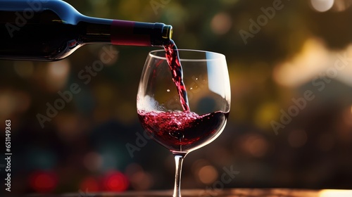 Pouring red wine from a bottle into a glass on blurred background. Winery concept