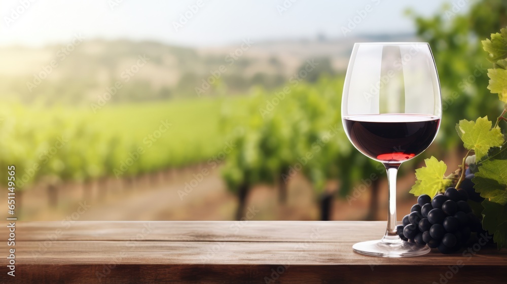 Mock up with a glass of wine, standing on a wooden table on blurry vineyard background, with a free place for text