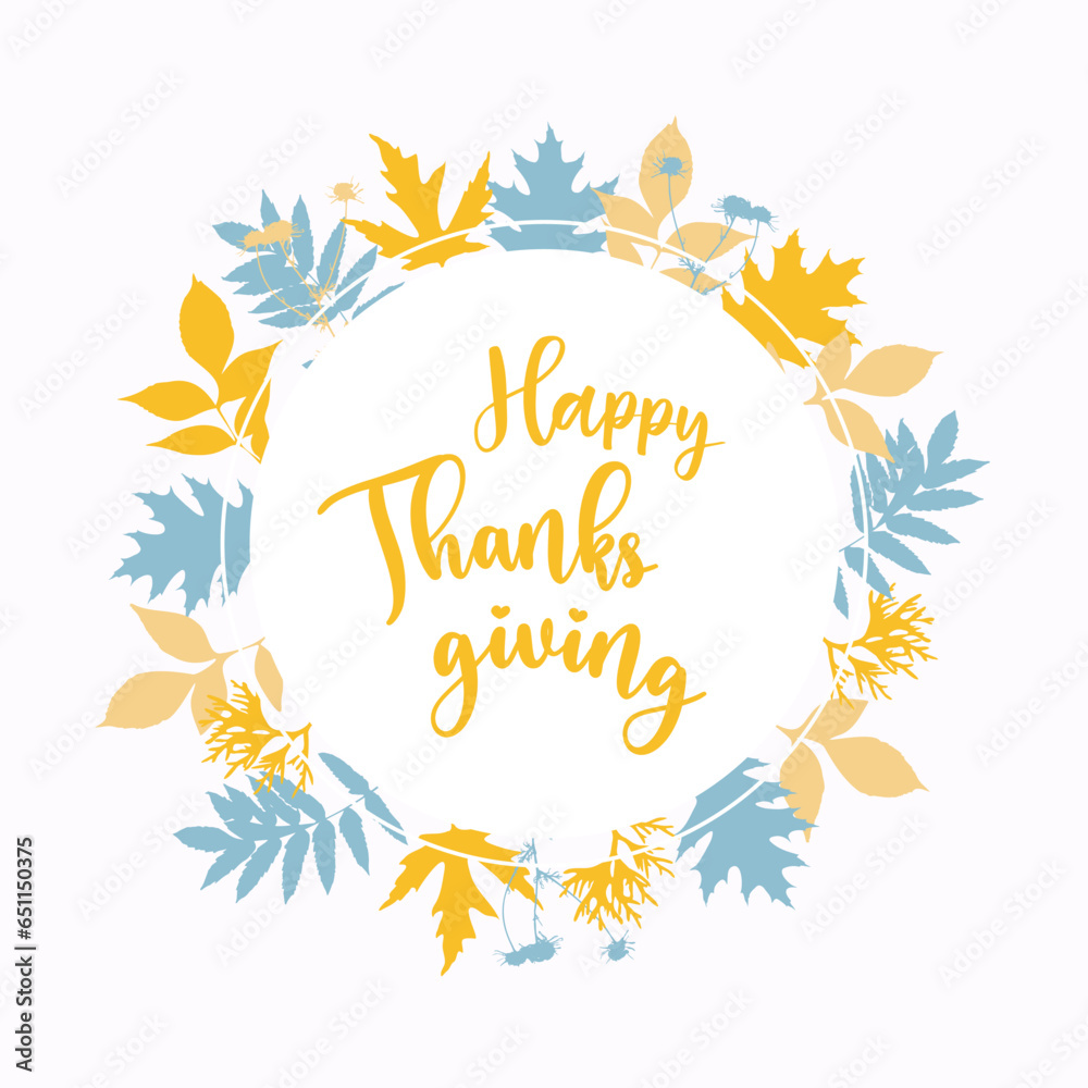 Happy thanksgiving circle background with falling autumn leaves pastel colors. Vector illustration