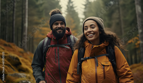 pareja de hombre y mujer de excursión por un bosque otoñal con vestuario adecuado
