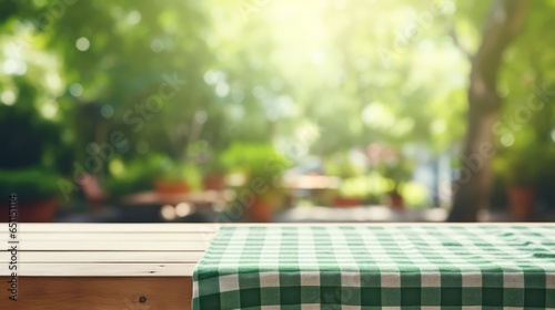 Empty wooden table with tablecloth top product display showcase stage. Garden background Generative AI 