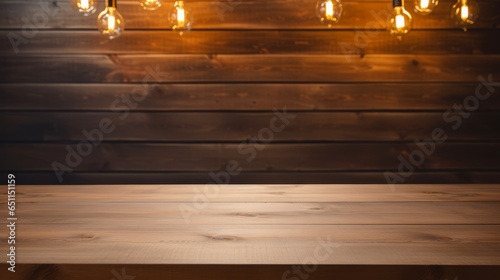 Empty wooden table top product display showcase stage. Light bulbs, lamps, wooden background Generative AI	
