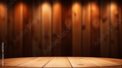 Empty wooden table top product display showcase stage. Light bulbs, lamps, wooden background Generative AI	