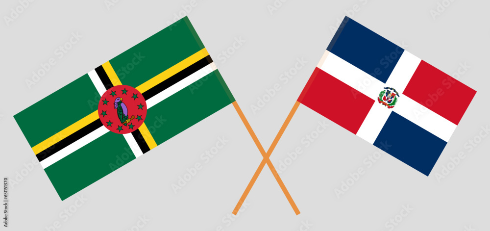 Crossed flags of Dominica and Dominican Republic. Official colors. Correct proportion Crossed flags of Dominica and Dominican Republic. Official colors. Correct proportion