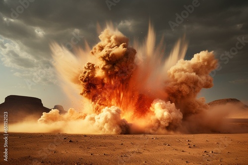 Explosive blast in arid landscape. Generative AI