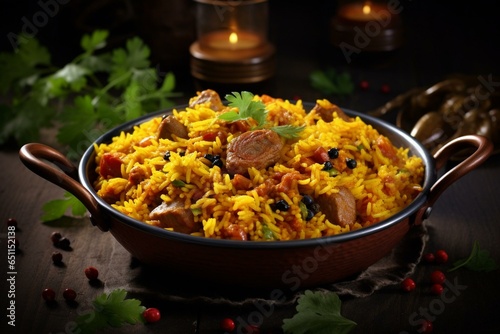 Spicy Indian rice dish with meat curry and aromatic flavors, popular during Ramadan and Eid. Generative AI