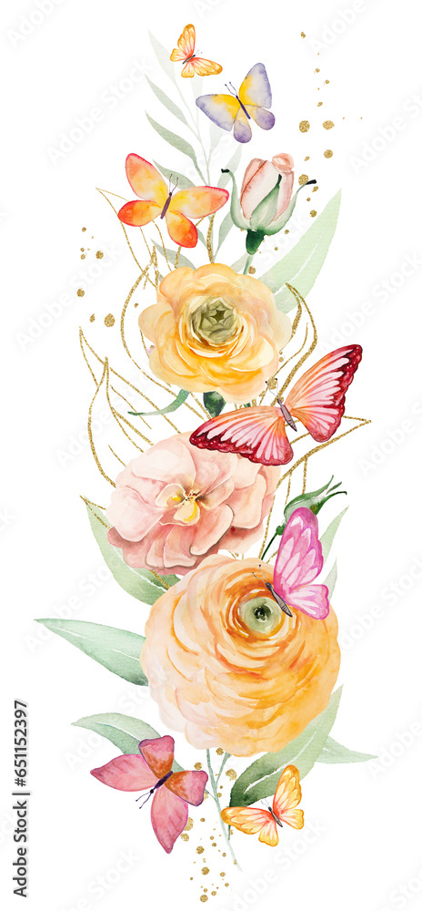 Obraz premium Bouquet with watercolor butterflies on orange and yellow flowers and green leaves, illustration