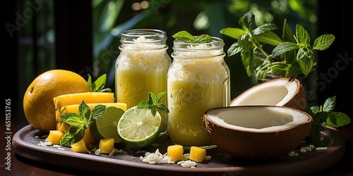 Summer lemon coconut smoothie in a mason jar glass with scattered ingredients. Side view with a dark wood background