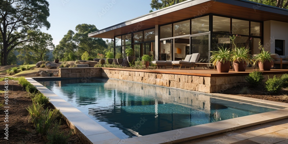 The fenced backyard of a newly built house features a rectangular swimming pool with tan concrete borders.