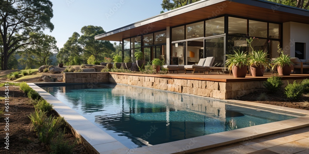 Fototapeta premium The fenced backyard of a newly built house features a rectangular swimming pool with tan concrete borders.