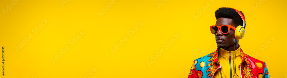 Young man in 90s style clothing wearing a headset looking stylish and funky. Fashion style photograph in a colorful 1990ies style. Yellow Studio background with copy space. Young man in 90s style clothing wearing a headset looking stylish and funky. Fashion style photograph in a colorful 1990ies style. Yellow Studio background with copy space.