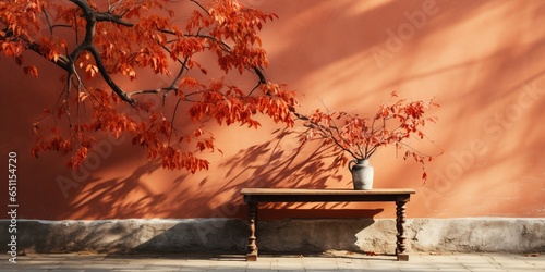 The shadow of the leaves on the red orange brick wall. House, sidewalk. Exterior street outdoors. Background. Space for product design object. Moskup stage presentation template. photo