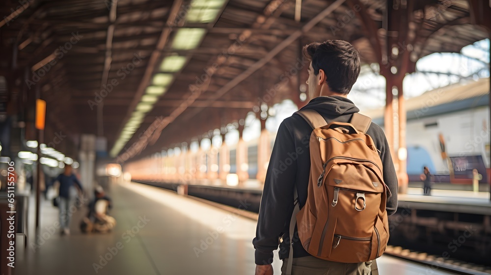 Morning Commute: Man with Backpack on Way to Train Station Morning Commute: Man with Backpack on Way to Train Station