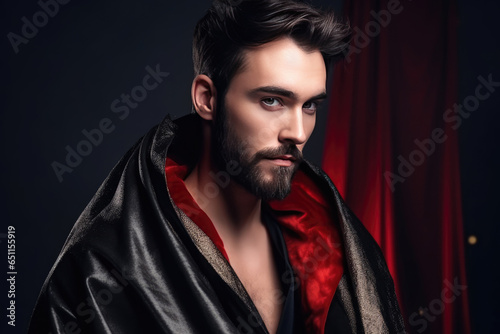 Handsome Man in Black Red Cape on a Dark Background