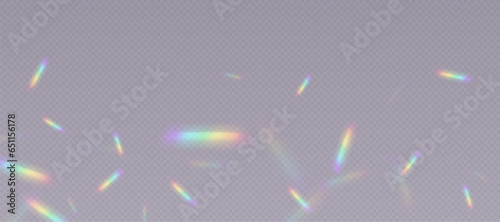 Rainbow refraction overlay, leak flare, prism light effect, rainbow sunlight, holographic rays with transparency. Blurred bokeh retro photo texture, vintage camera glare. Vector background.