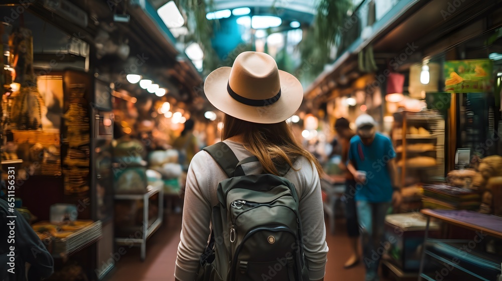 Fototapeta premium Market Exploration: Woman Tourist in Hat with Backpack