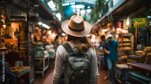 Market Exploration: Woman Tourist in Hat with Backpack