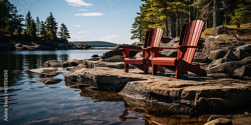 Two red Muskoka chairs sitting on a rock photo