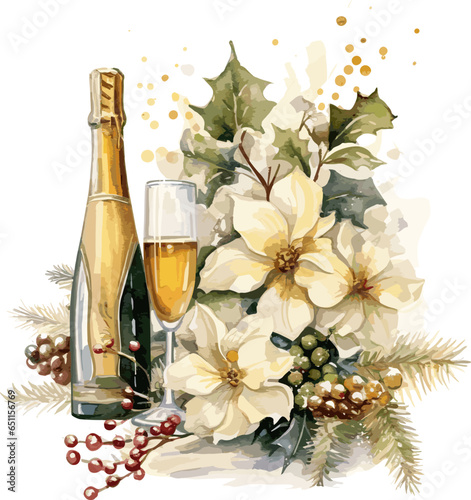 vector christmas traditional table. champagne and glasses. red flowers on the table vector illustration on white background. AI generated illustration