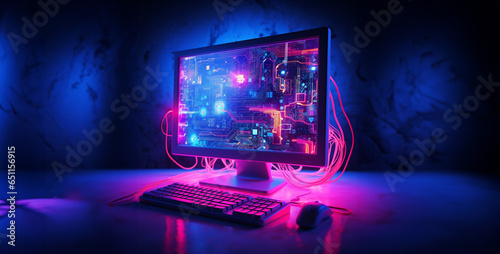 computer monitor with code on screen, lights on the wall, a neon room with a computer screen hd wallpaper