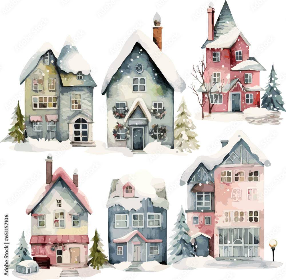 vector Set of isolated decorated buildings for new year and christmas. Building with snow and fir tree at yard. Holiday and celebration,winter architecture vector illustration on white background. AI 